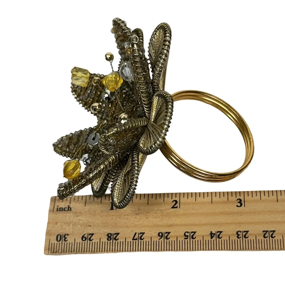 Pier 1 Beaded Metal Flower Napkin Ring Set‎ Of 6 Gold Tone Yellow Spun Wire